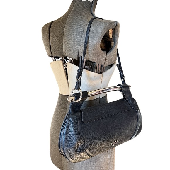 Prada Black Leather Silver Metal Top Handle Bar 2 in 1 Shoulder Bag to Clutch - Picture 6 of 17